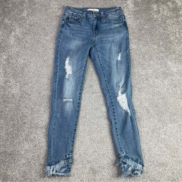 KanCan Jeans Women's 26 Blue Skinny Low Rise Frayed Double Hem Split Stretch - Picture 1 of 13